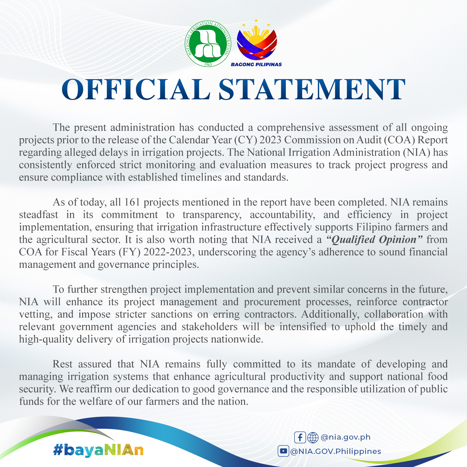 NIA OFFICIAL STATEMENT
